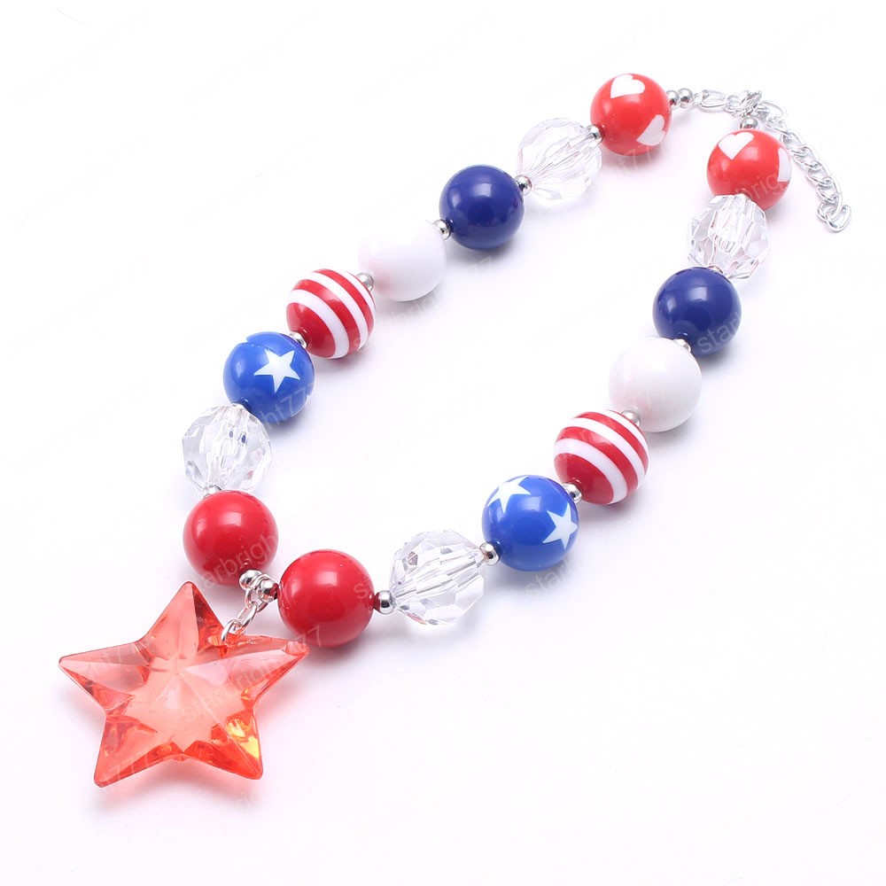 New Forth July Girls Beads Necklace Fashion Star Pendants Child Chunky Bubblegum Necklace For Baby Kids