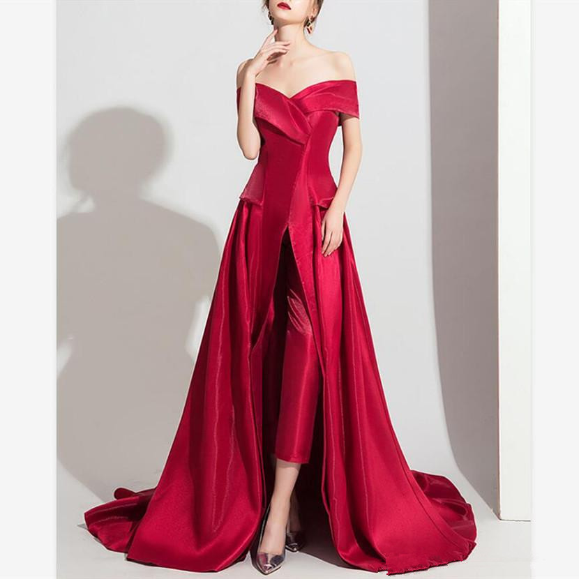 Dark Red 2020 Jumpsuits Prom Dresses Off The Shoulder Evening Gowns One Shoulder Women Formal Pants Party Dress