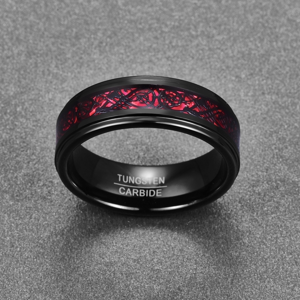 Elegant cool Electroplated Black Inlay Red Opal Paper Black Dragon Pattern Step Tungsten carbide Ring for man T104R D19011502