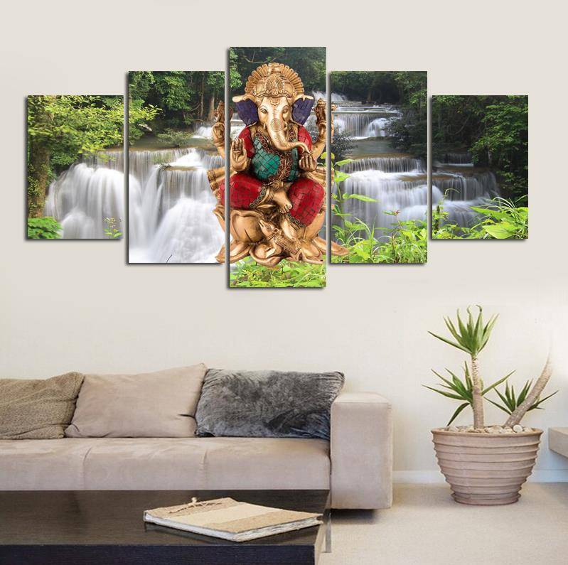

Art HD Printing Decor 5 Pieces Gold Buddha Waterfall Landscape Paintings Modular Canvas Pictures For Living Room Wall No Frame