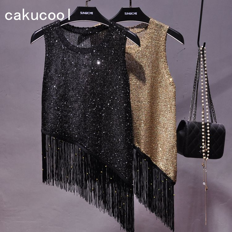 Cakucool Bling Knit Tops Women Summer Sequin Sleeveless Blouse Asymmetric Tassels Vest Sexy Club Party Top Camisole Tanks Female, Black
Cakucool Bling Knit Tops Women Summer Sequin Sleeveless Blouse Asymmetric Tassels Vest Sexy Club Party Top Camisole Tanks Female, Black