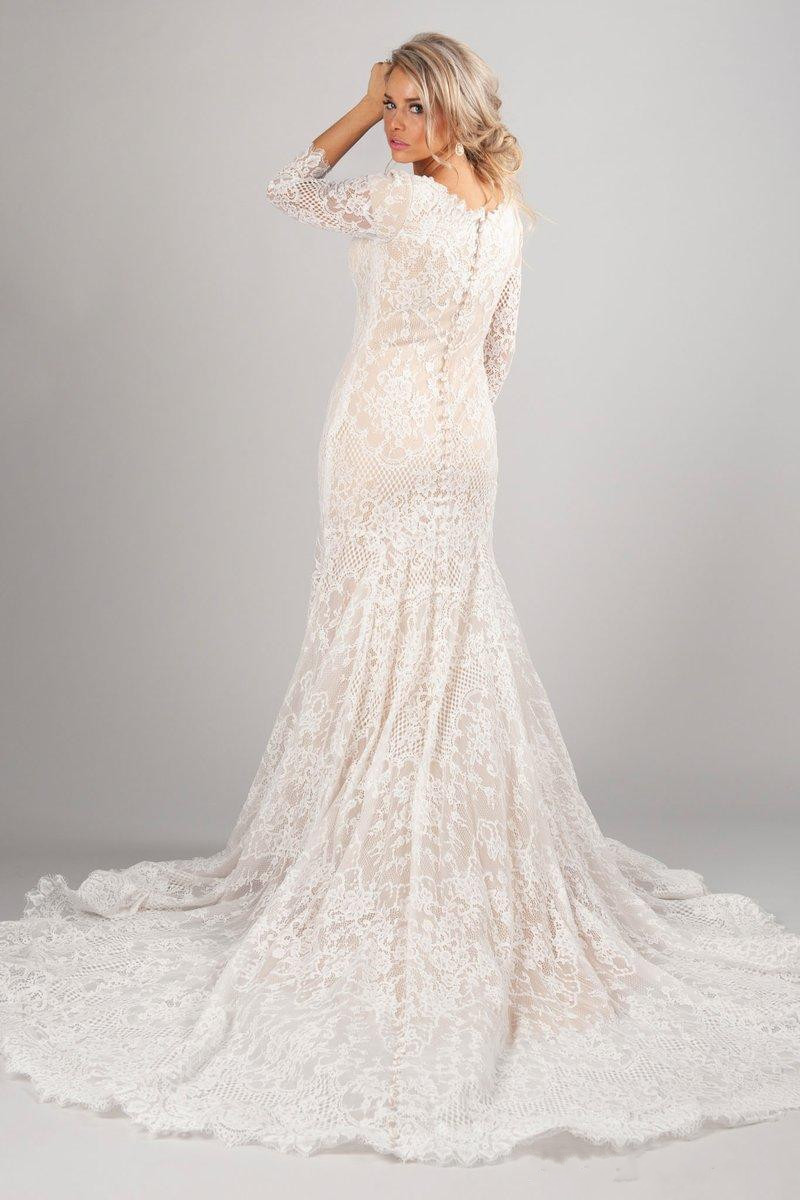 New Mermaid Lace Modest Wedding Dresses With 3/4 Long Sleeves Vintage LDS Muslim Bridal Gowns Sweep Train Buttons Back