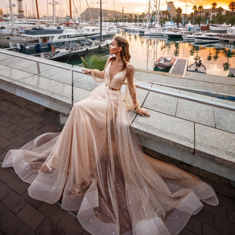 A Stunning Beaded Line Wedding Dresses Sheer Deep V Neck Long Sleeves Bridal Gowns Sweep Train Tulle Robe De Marie
