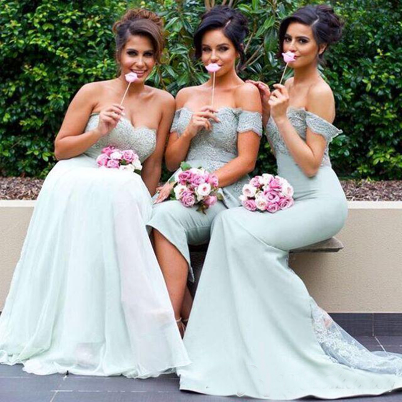 Mixed Styles Mermaid Off Shoulder Bridesmaid Dresses Country Garden Wedding Guest Party Gowns Mint Green Lace Appliques Chiffon Evening Gown