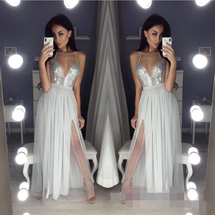 Sexy Sier Sequins Prom Dresses High Side Slit Chiffon Tulle Spaghetti Straps Cheap Long Evening Tail Party Gowns 403