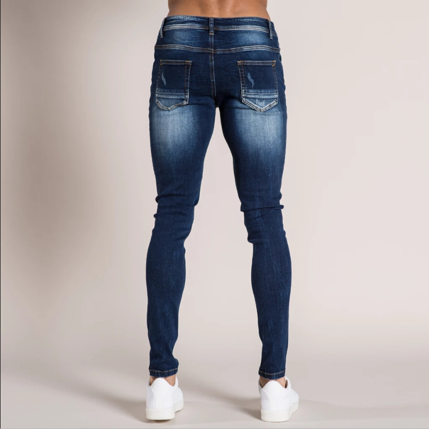 Men's Skinny Ripped Denim Jeans - Stretch Cotton, Elastic Waist, Big Size, Dark & Light Blue B4