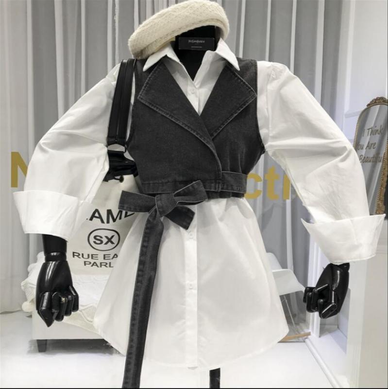 Women's Blouses & Shirts Spring Fashion Small Denim Vest + Simple Long Sleeve White Shirt Two Piece Set For Women Casual Blouse Top Students, Black
Women's Blouses & Shirts Spring Fashion Small Denim Vest + Simple Long Sleeve White Shirt Two Piece Set For Women Casual Blouse Top Students, Black