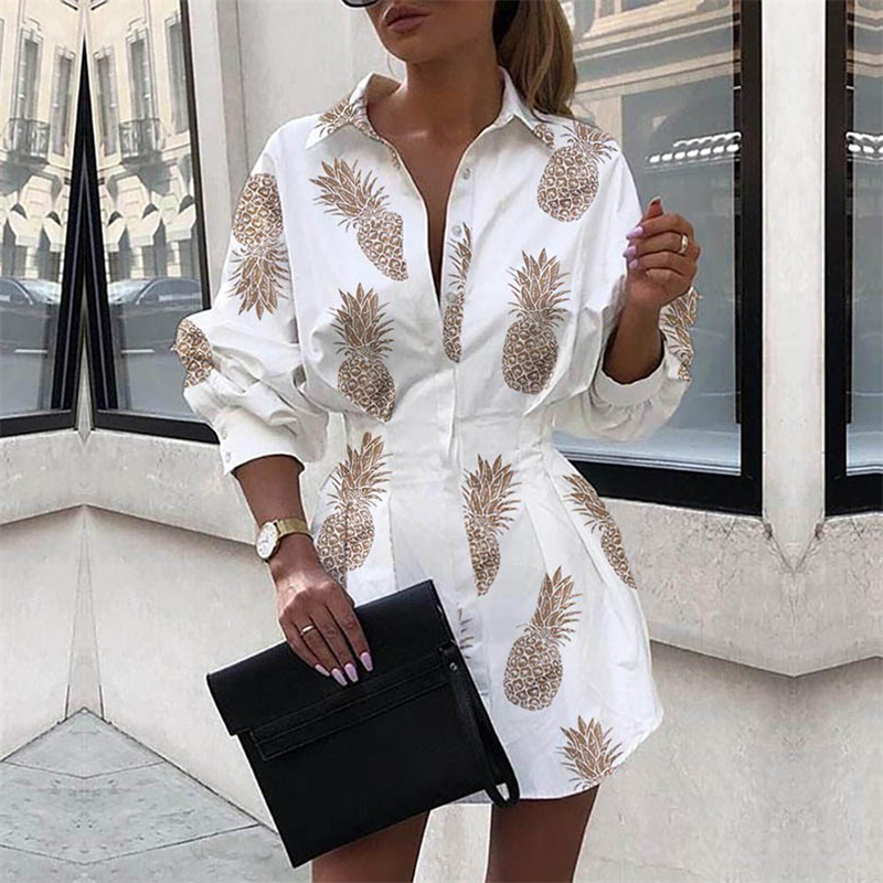 Autumn Dress Women 2019 Long Sleeve Pineapple Shirt Dress Woman Letter Print Mini Ladies Dresses Women's Sundress Tunic Beach