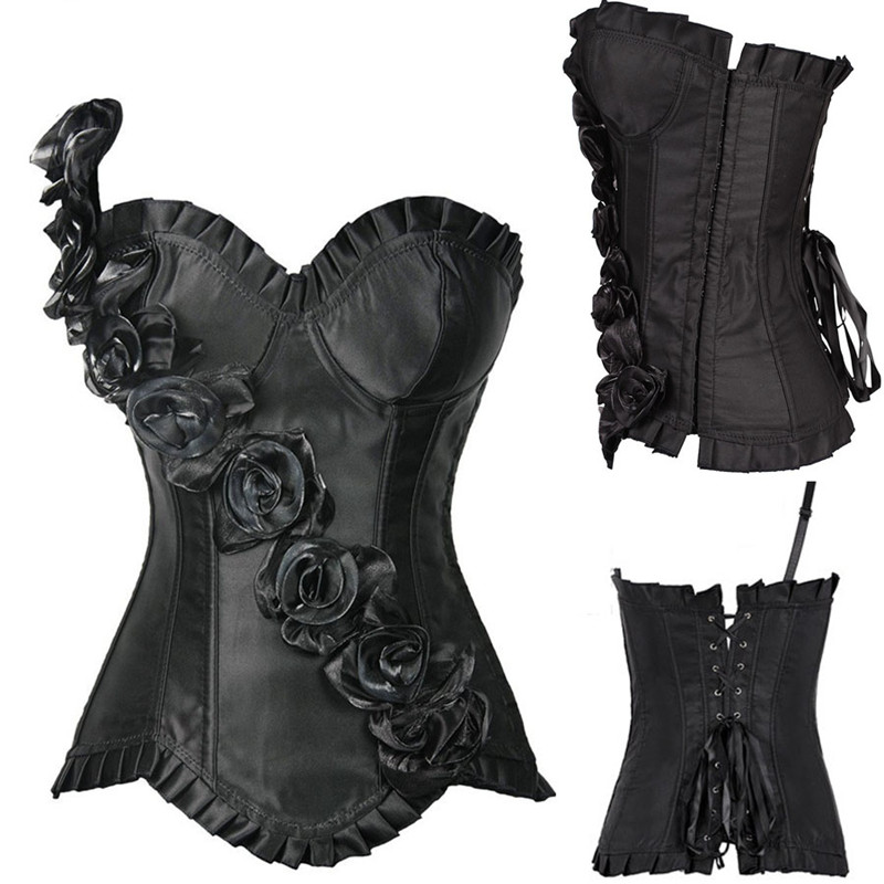 Rose Flowers Satin Overbust Corset with Frill Trim and Curve Hem Details Sexy One Shoulder Lace-up Corsetlet Bustier S-6XL Plus Size