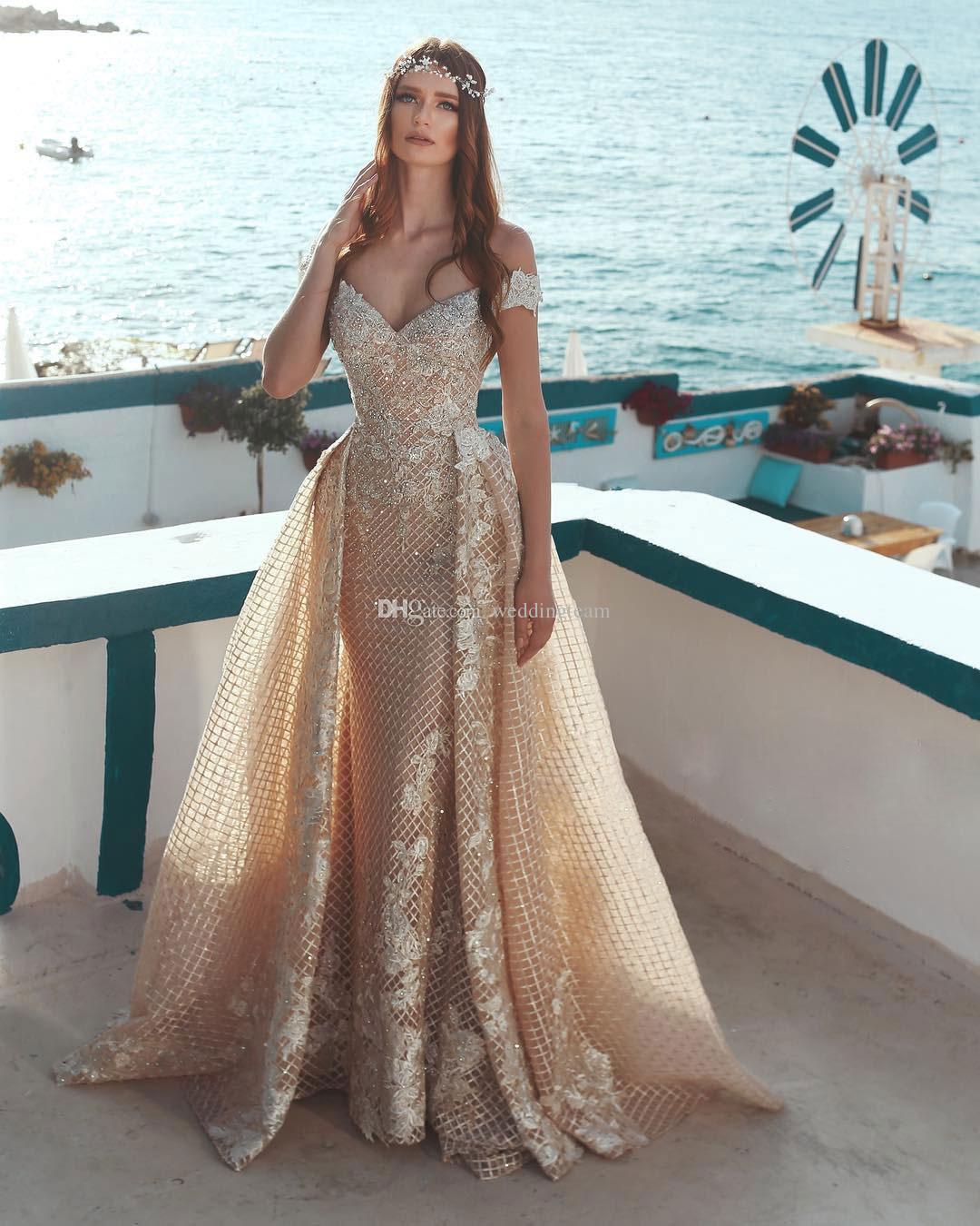 2019 Champagne Overskirt Lace Wedding Dresses Beaded A Line Off Shoulder Beach Bridals Gowns Sequined Bohemian Boho Vestidos De Noiva Custom