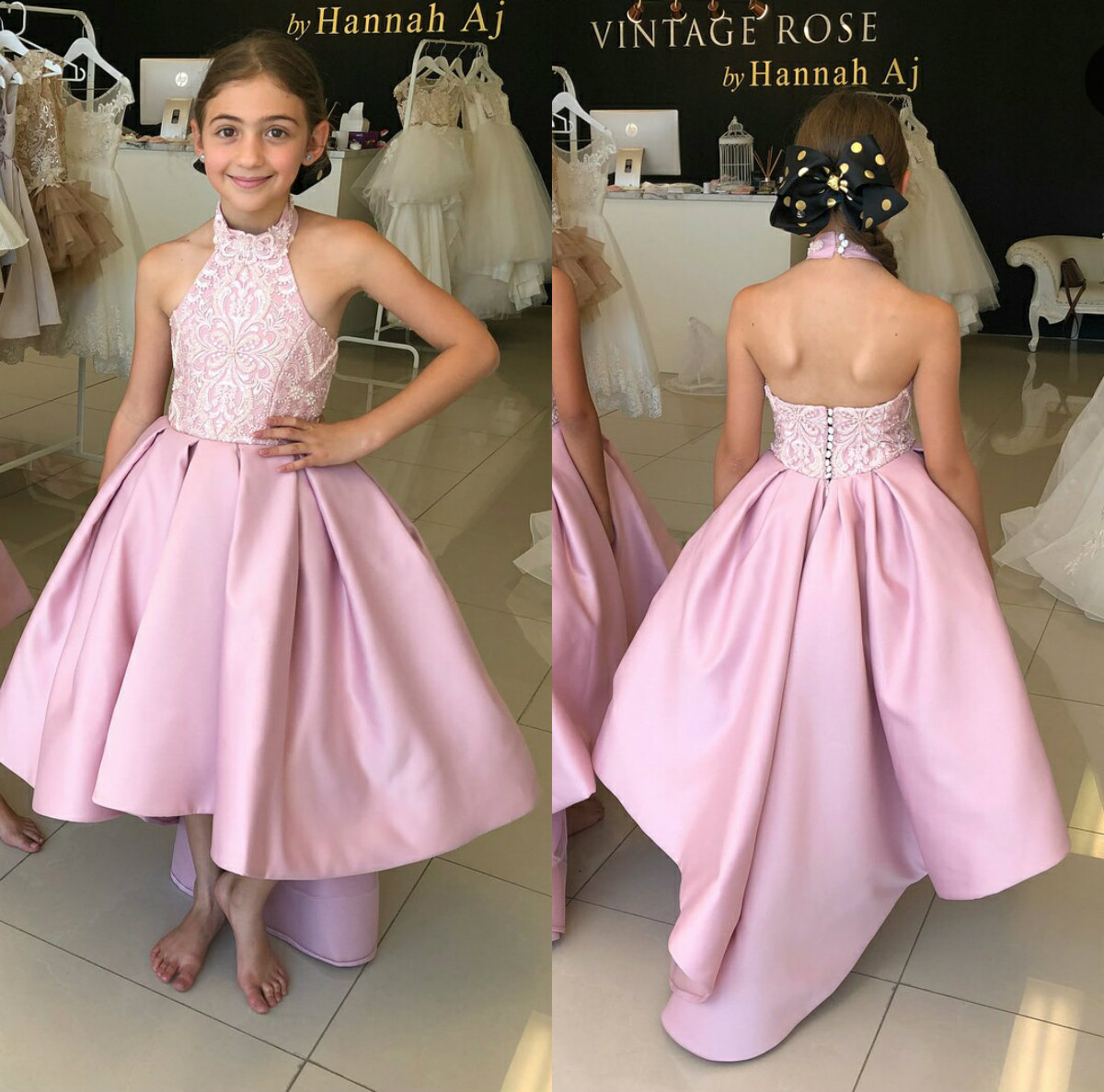 Cheap Pink Flower Girl Dresses Halter High Low Lace Appliques Satin Floor Length Kids Wedding Gowns First Holy Communion Dresses