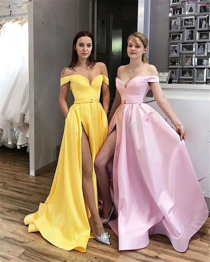 Pink Yellow Sexy High Split Prom Dresses Long Off Shoulder Backless Sweep Train Formal Evening Party Gowns vestido de noche Custom, Light yellow