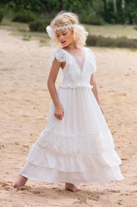 Cheap Bohemian White Flower Girl Dresses For Beach Wedding Pageant Gowns A Line Boho Lace V Neck Kids First Holy Communion Dress