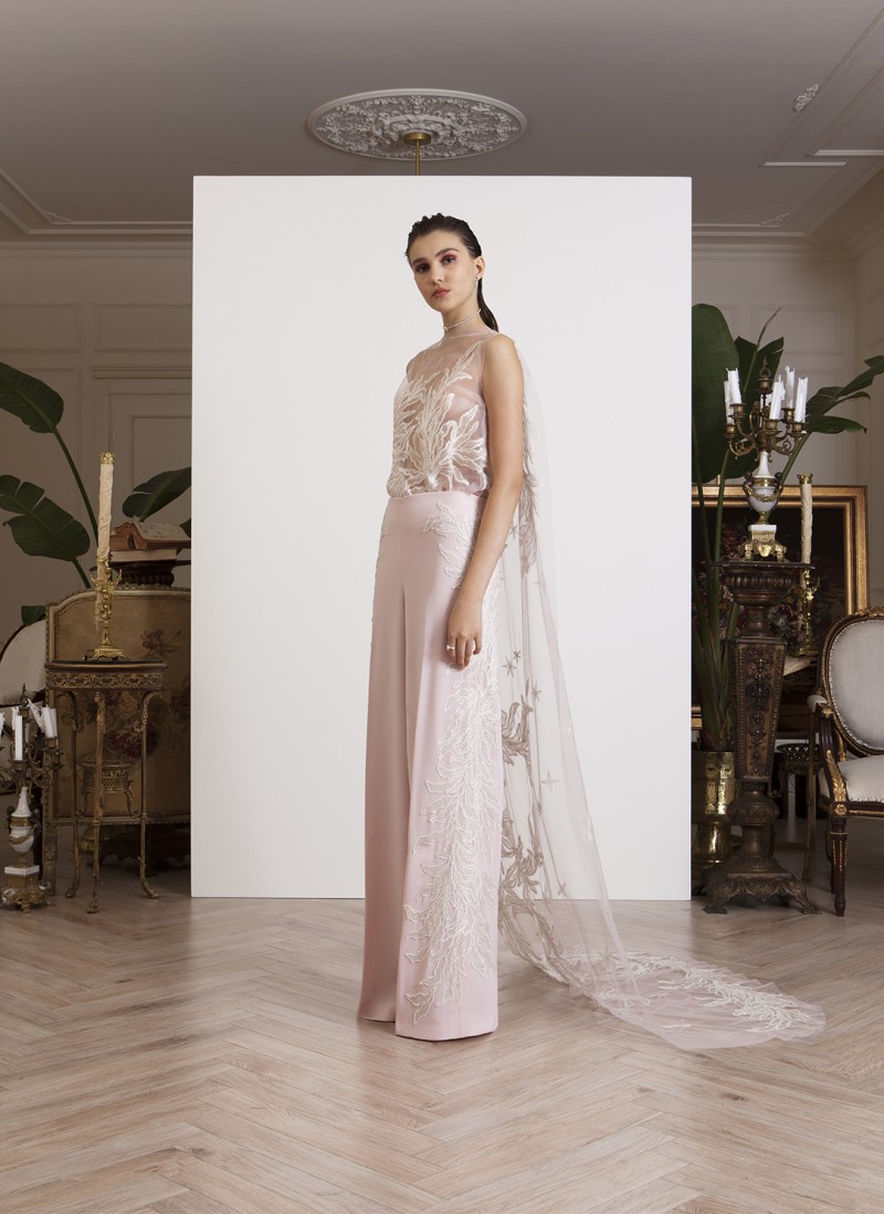 Azzi Osta 2019 Jumpsuits Prom Dresses With Cape Illusion Neck Lace Appliqued Celebrity Party Gowns Dubai Satin Evening Dress