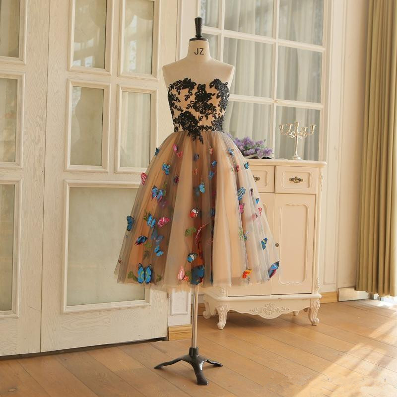 Real Images Homecoming Knee Length Prom Dresses Colorful Butterfly Sweetheart Lace Appliques Cocktail Party Up Back