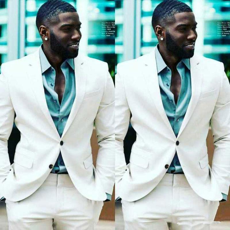 Modern New Design White Mens Suits 2 Pieces (Jacket+Pant) Wear Prom Party Wedding Groom Slim Fit Two Button Tuxedos