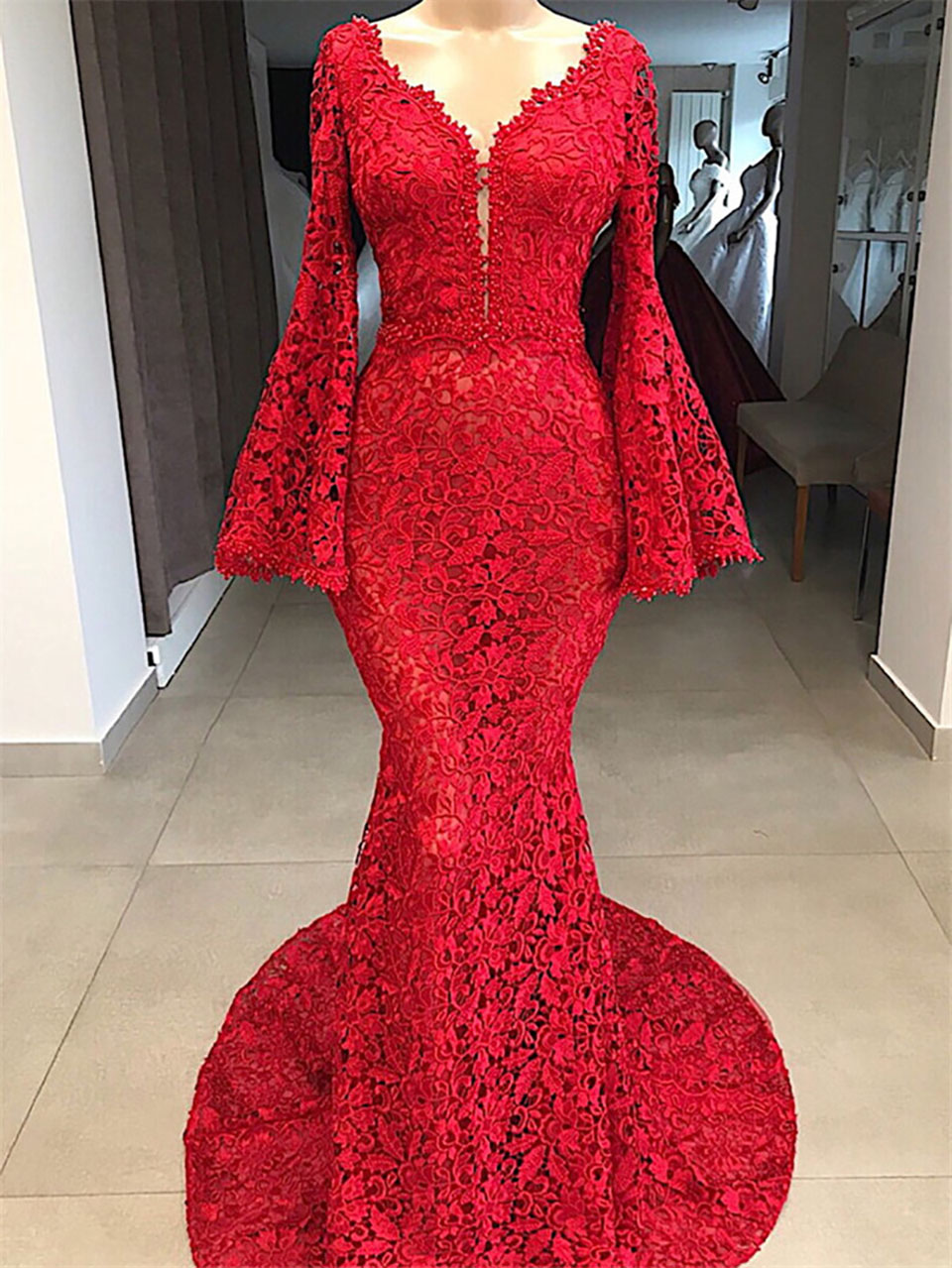 Sexy Lace Mermaid Bell sleeve Evening Dress Luxury High Quality Long V-neck Party Dresses Robe de Soiree