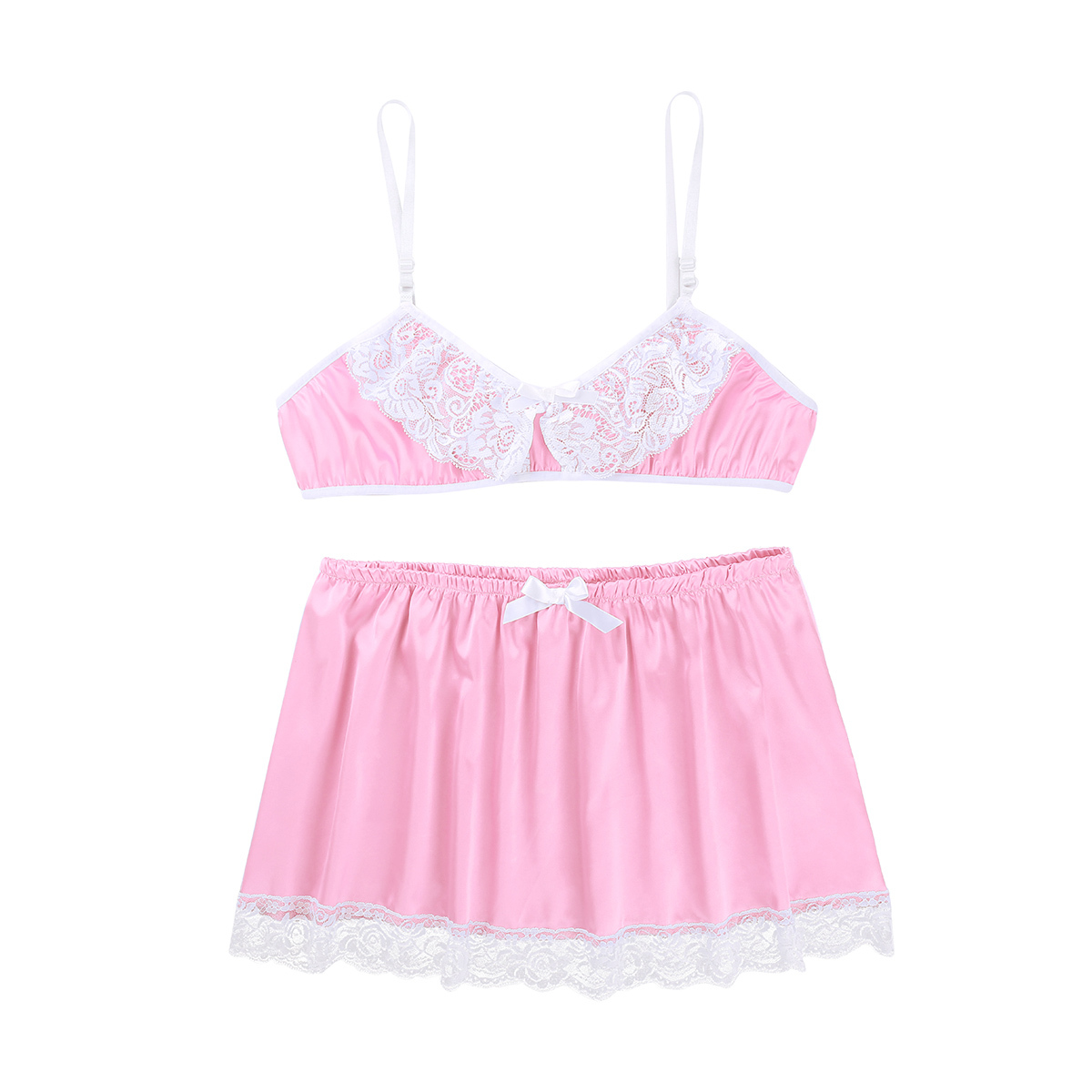 Sexy Mens Smooth Satin Lace Sissy Lingerie Set Adjustable Spaghetti Shoulder Straps Bra Top with Elastic Waistband Short Skirt LY191222