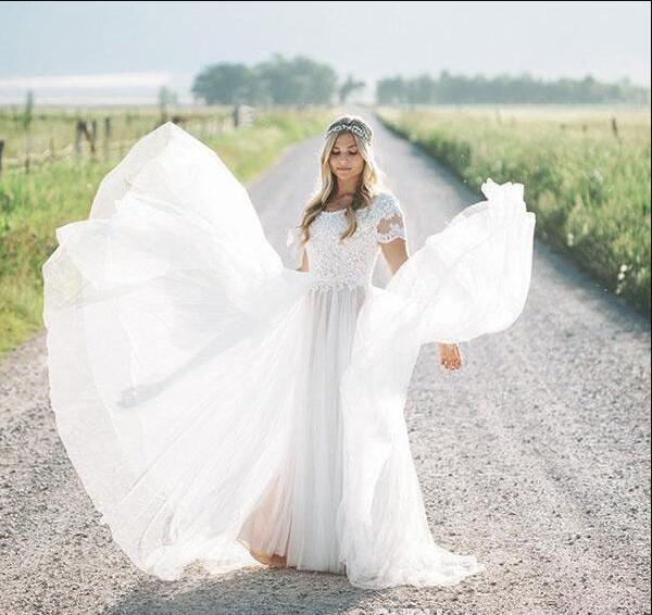 2019 Modest Beach Boho lace Wedding Dresses Short Sleeves Plus Size Bridal Gowns ruched tulle Bohemia Wedding Gowns vestido de novia