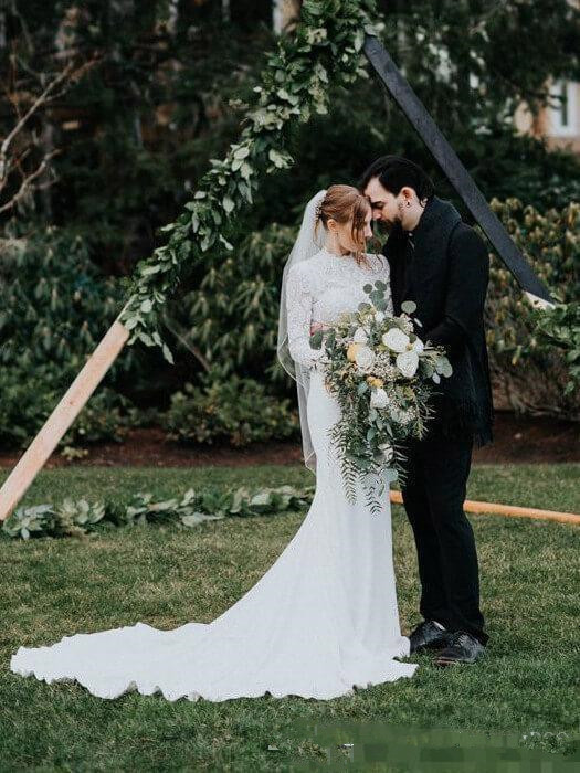High Neck Country Mermaid Wedding Dresses with Long Sleeve 2019 Simple Lace Stain Muslim Hijab Style Bohemian Trumpet Wedding Gown