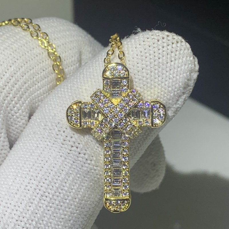 New Sparkling Handmade Fine Jewelry 925 Sterling Silver&Gold Fill Large Small Cross Pendant Christianity Party Clavicle Women Necklace