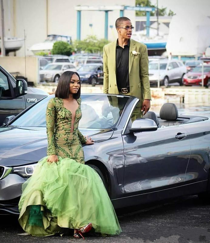 african mermaid green prom dresses skirts appliques sequined long sleeves plunging v neck evening gowns reception dress plus size