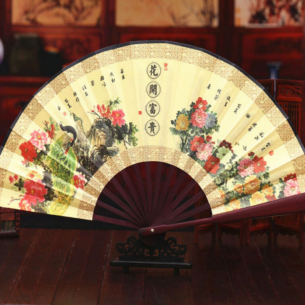 Lotus Flower Pattern Silk Bamboo Folding Hand Fans for Men Vintage Pocket Folding Fan Chinese Style