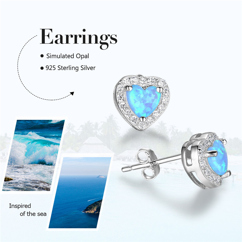 925 Sterling Silver Blue Creat Opal Heart Shape Stud Earrings Cubic Zirconia Earring Wedding Jewelry Mother Gift