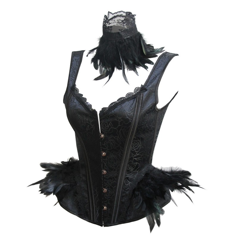 Women 3pcs Set Vintage Corset Top with Feathers Cape and Collar Outfit Halloween Burlesque Party Halterneck Side Hip Curve Overbust Corset
