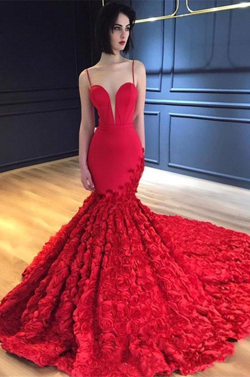 2019 New Red Long Mermaid Prom Dresses Spaghetti Straps 3D Floral Rose Backless Sweep Train Evening Gowns Celebrity Formal Party Dresses
