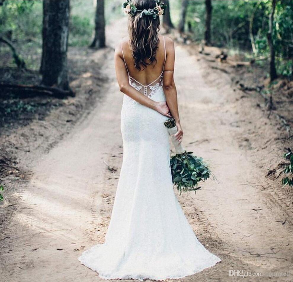 Summer Mermaid Sexy Lace Wedding Dresses Spaghetti Straps Backless Sweep Train Garden Country Pregnant Bridal Gowns Vestidos De Noiva