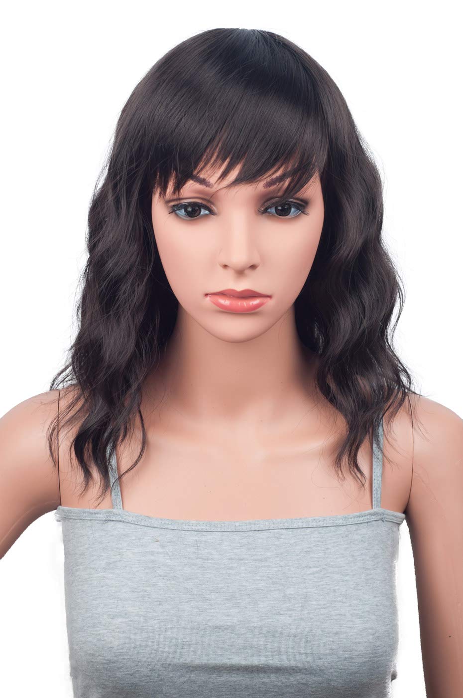 Pretty Charming Dark Brown Short Natural Casual Wavy loose wave Side bangs hair wigs for black women 14 Inches (Dark Brown-643)