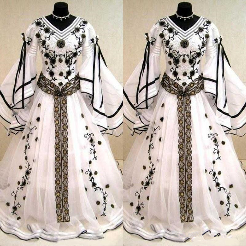 Black And White Long Sleeve Wedding Dresses 2019 Gothic V Neck Embroidery lace Applique ruffles Lace-up Medieval Bridal Gowns