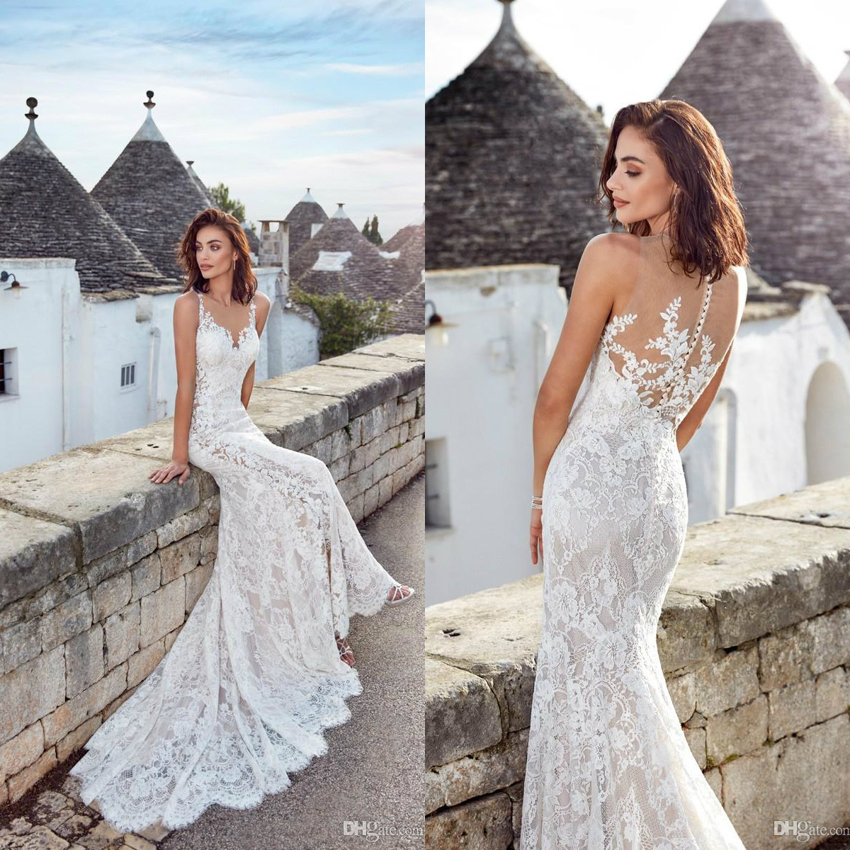 Eddy k Beach Mermaid Wedding Dresses Sheer Neck White Wedding Bridal Gowns abiti da sposa Lace Appliqued Button Back Wedding Dress Plus