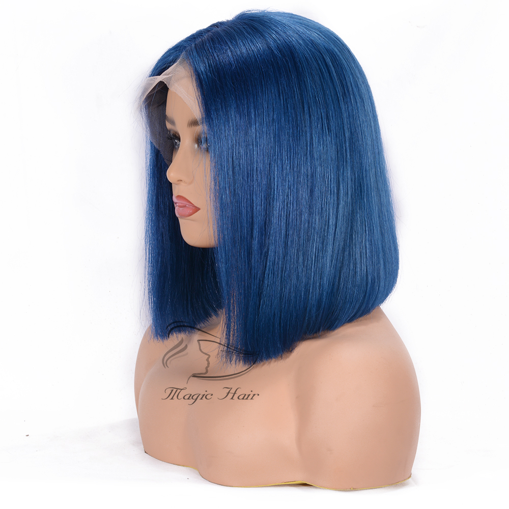 Full Lace Human Hair Wigs For Women Natural Black Blue color Remy Hair Silky Straight Short Bob Lace Front human hair Wigs