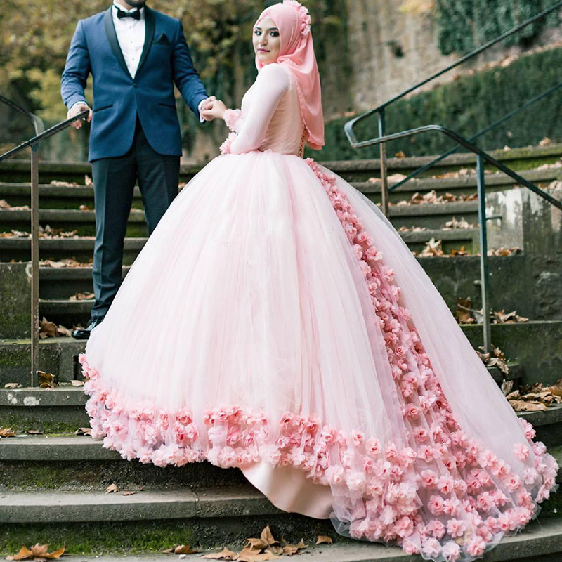 Pink Ball Gown Muslim Wedding Dresses High Neck Long Sleeves Tulle Flowers Lace Back Bandage Wedding Gowns Muslim Bridal Dresses