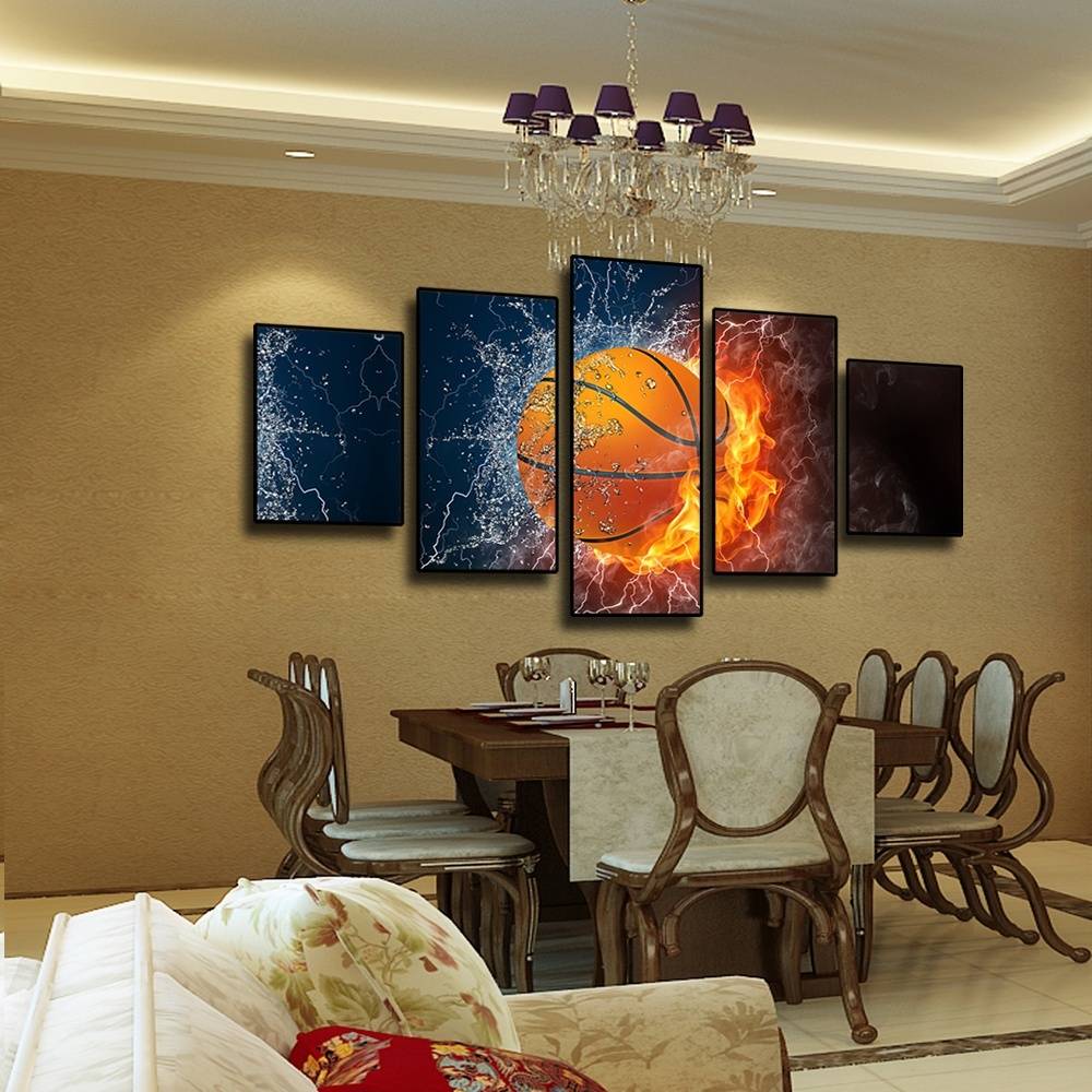 5pcs/set Fired Basketball Unframed Wall Art Oil Painting On Canvas Fashion Textured Paintings Furious Picture Living Room Decor