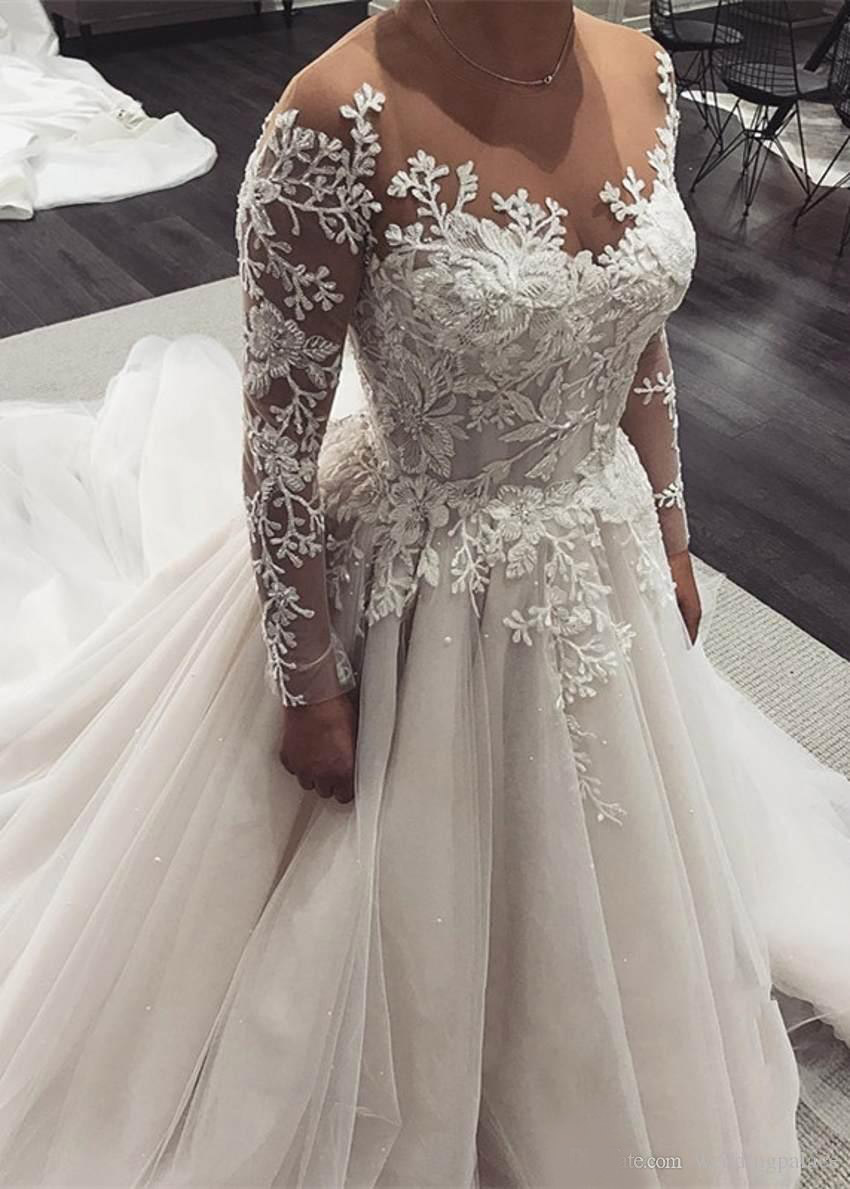 Elegant Jewel Neck A-line Wedding Dresses Long Sleeve Lace up Back Sequin Beaded Bridal Wedding Gowns robe de mariee
