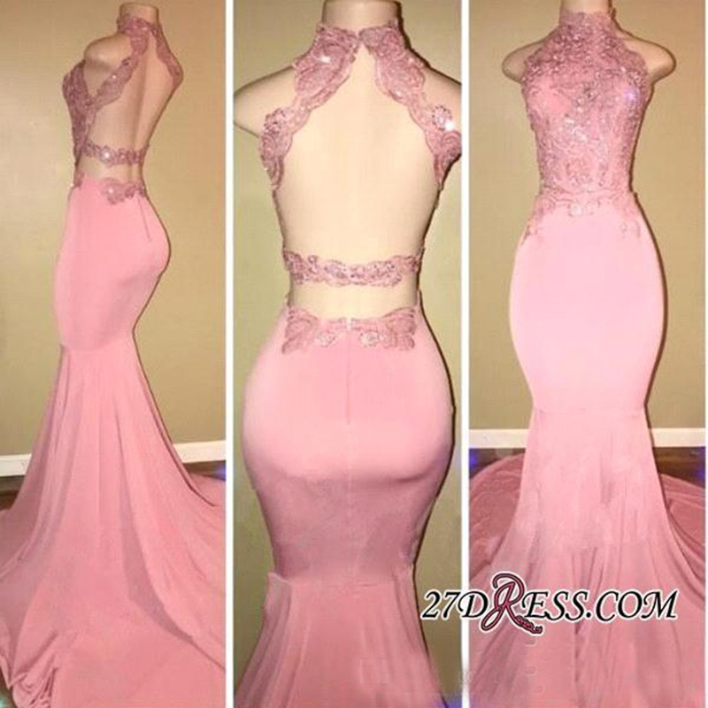 Sexy Pink 2019 Mermaid Prom Dresses Hollow Back Jewel Neck Beads Sweep Train Backless Party Gowns Dresses Evening Wear Formal Dress