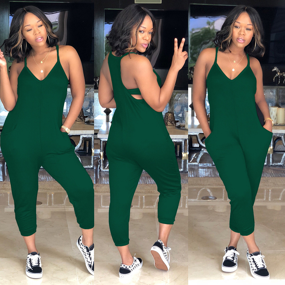 Jumpsuits European solid color sexy sling V-neck sleeveless halter hood casual street double pocket jumpsuit support mixed batch