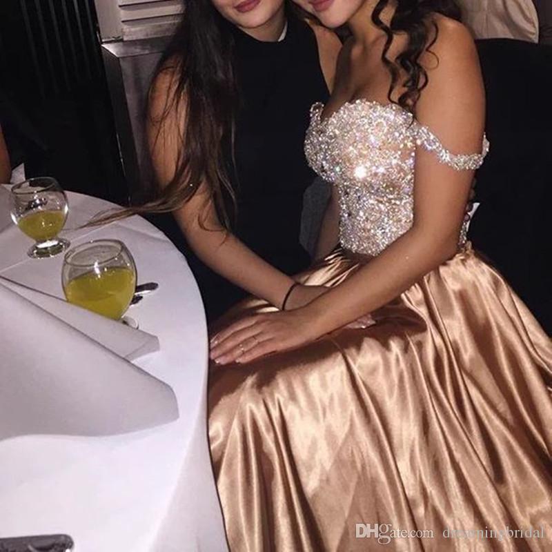 sparkle rose gold two piece prom dresses sexy off the shoulder top crystal and beaded long arabic elegant evening prom dress 2019 holiday