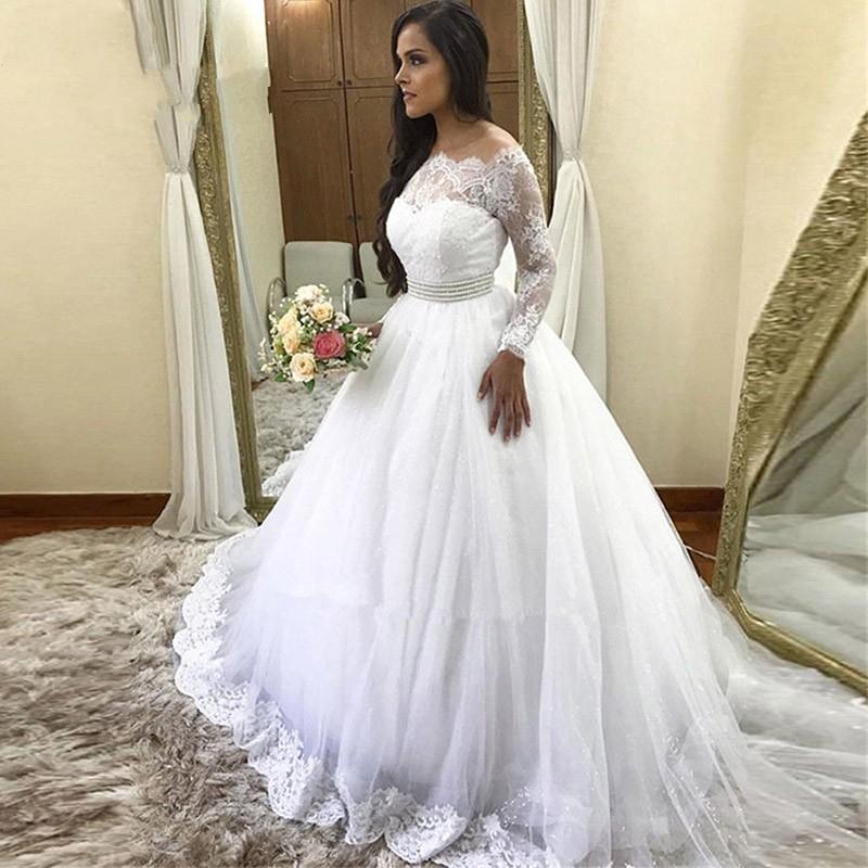 Lace Long Sleeve White Wedding Dresses 2020 Pearls Sashes Off Shoulder Wedding Reception Dress Bridal Party Gowns robes de mariée