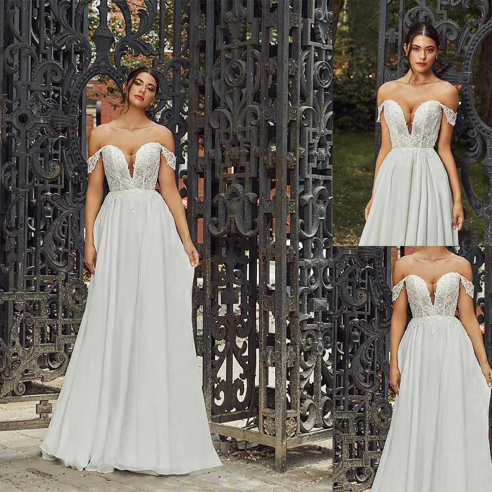 A Line Callablache Simple Wedding Dresses Off Shoulder Sleeveless Tulle Lace Applique Wedding Gowns Floor Length robe de mariée, Black & white
A Line Callablache Simple Wedding Dresses Off Shoulder Sleeveless Tulle Lace Applique Wedding Gowns Floor Length robe de mariée, Black & white