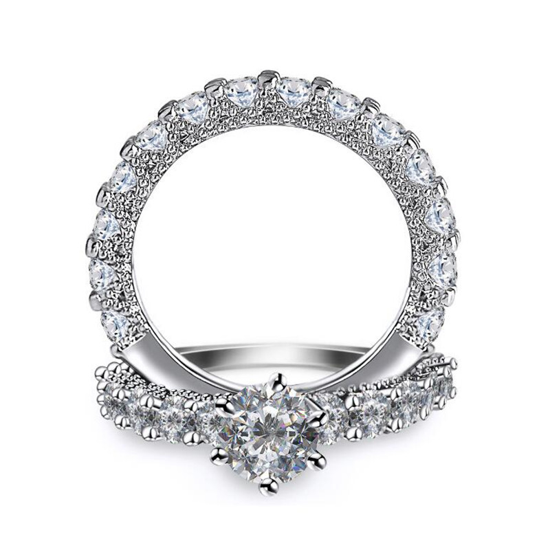 Hot Sell Sparkling Fashion Jewelry 925 Sterling Silver Fill Round Cut White Topaz CZ Diamond Eternity Lady Women Wedding Bridal Ring Set