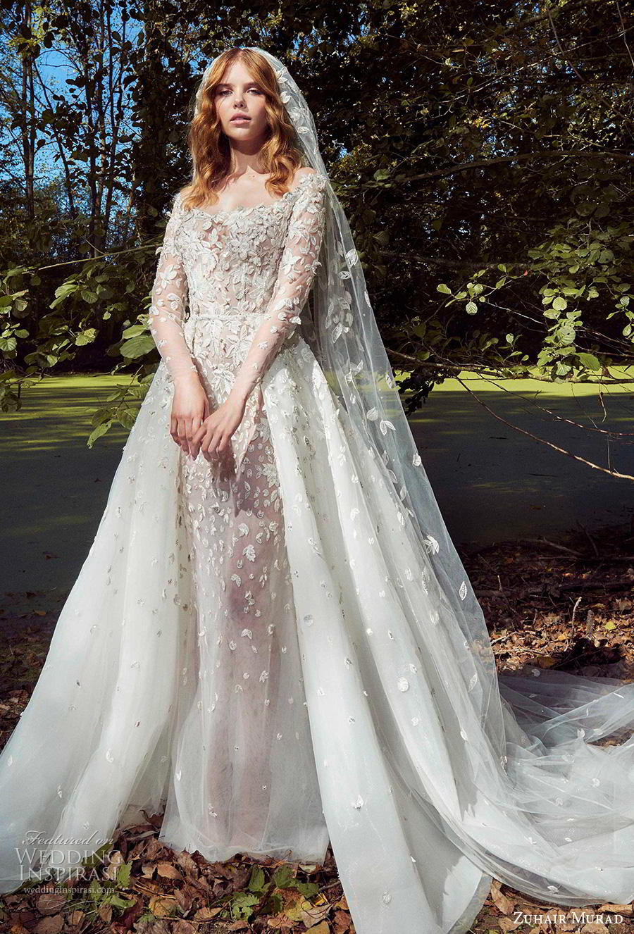 Zuhair Murad Mermaid Wedding Dresses With Detachable Train Scoop Long Sleeve Appliques Bridal Gowns Garden Vestido De Novia