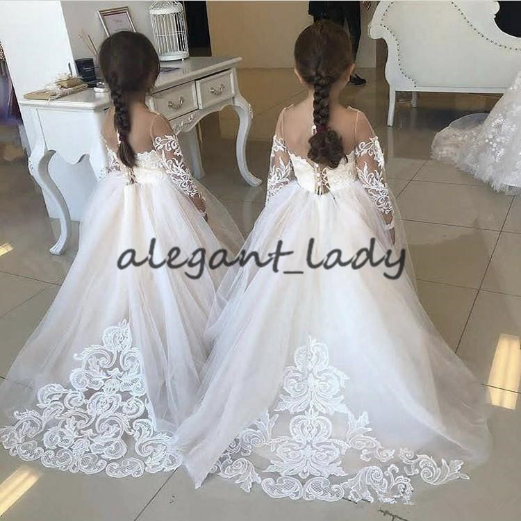 2020 Lovely Lace Applique Flower Girls Dresses Illusion Long Sleeve Sheer Neck Little Princess Kid Birthday Wedding Party Dress