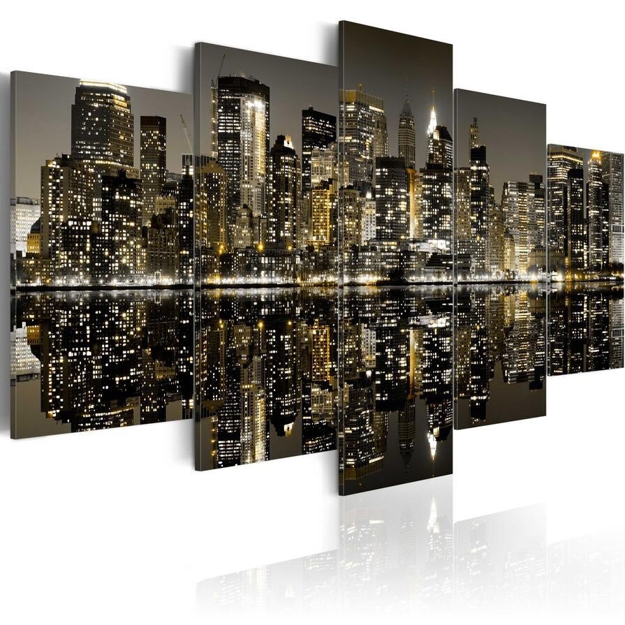 ( No Frame)5PCS/Set Modern Urban Architecture Abstract Fascinating Night Art Print Frameless Canvas Painting Wall Picture Home Decoration