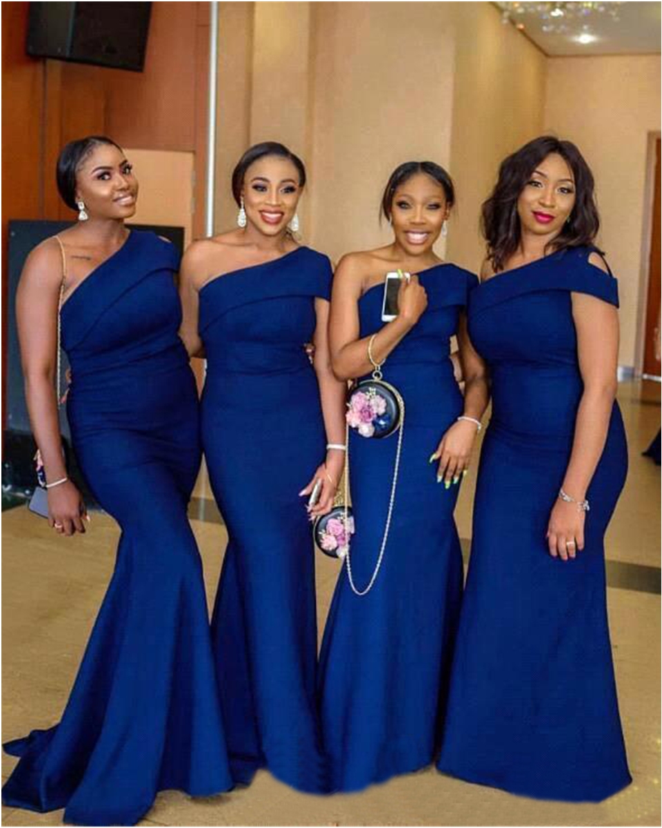 Royal Blue Ons Shoulder Satin Mermaid Bridesmaid Dresses 2020 Ruched Floor Length Plus Size Wedding Guest Maid Of Honor Gowns