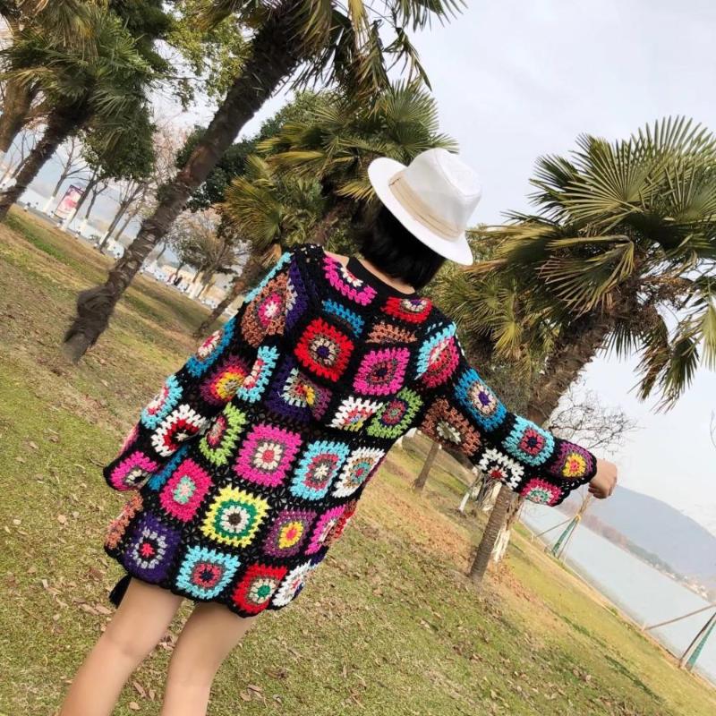 2020 Spring New Women Cardigans Colorful Knitted Flower Hooded Women Poncho Open Stitch Long Cardigans