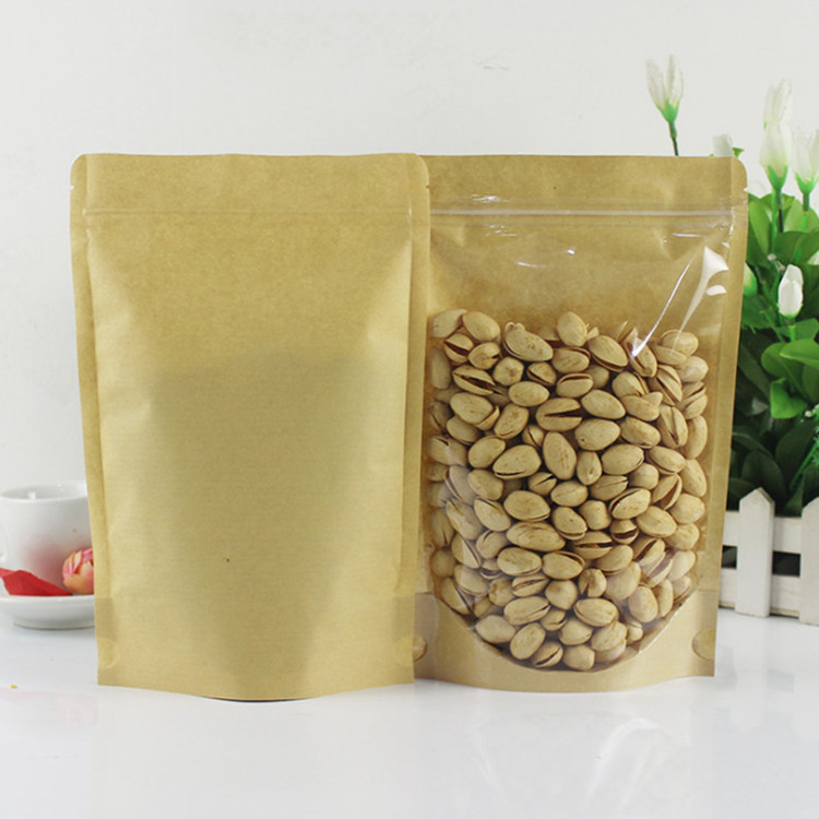 100pcs Thick Clear Front Kraft Paper Stand up Storage Bags One Side Clear Coffee Beans Dried Fruit Bakery Snack Party Candy Xmas Gifts Resealable Zipp
